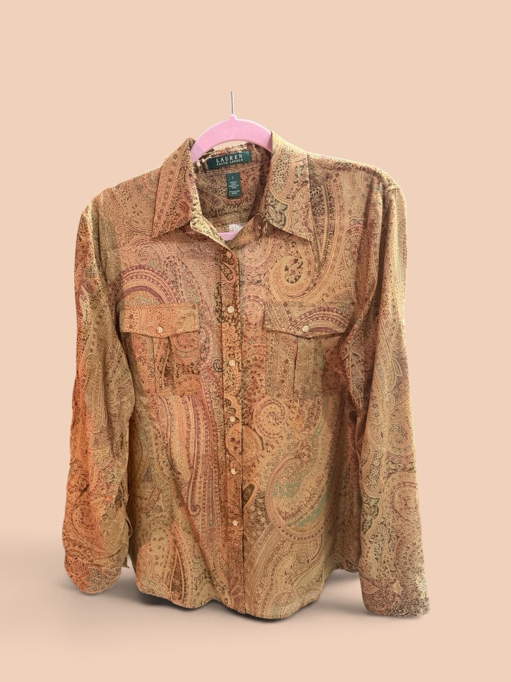 Ralph Lauren women's Paisley Button-Down Shirt in Tan and Brown Size L